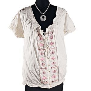 Westbound Cream 100% Cotton Floral Embroidery Smocked Short Sleeve Top Size L